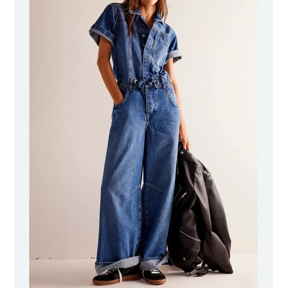 We The Free Blue Denim Wide-Leg Jeans Overalls